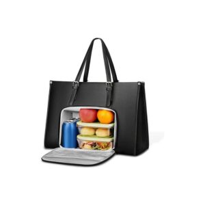Matein Laptop Tote Bag – Cuir PU Noir avec Compartiment Lunch Isotherme
