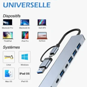 Hub USB-C 8-en-1 – Multifonction • HDMI 4K • USB 3.0 • SD/TF • Charge 100W • Compatible PC, MacBook & Smartphones