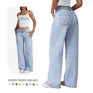 Jean Taille Haute Fille Coupe Droite Broderie Nœud