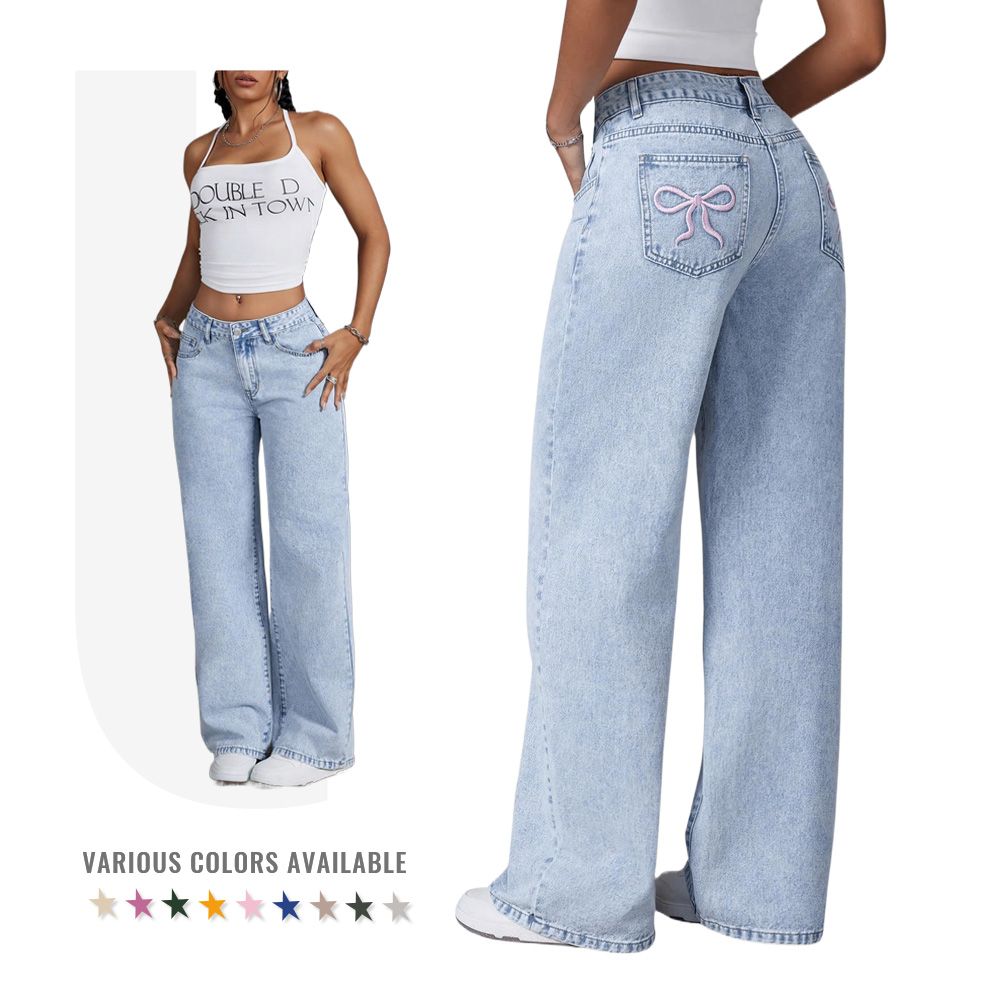 Jean Taille Haute Fille Coupe Droite Broderie Nœud