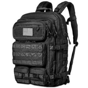 Sac à dos tactique militaire 50L Noir – Système MOLLE avec patch drapeau USA